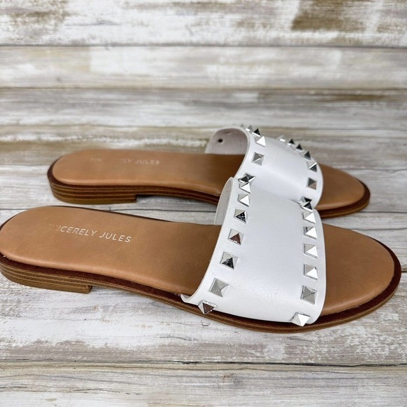 Sincerely Jules Tyler Studded Wide Strap Slide Sandals Size‎ 9 White Silver - Picture 6 of 10